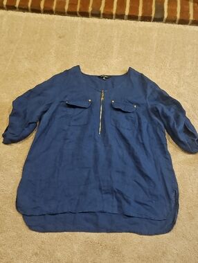 Ellen Tracy Blue 100% Linen 3/4 Sleeve Pullover Top with Gold Zip